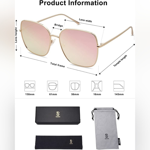 SOJOS Trendy Oversized Square Metal Frame Sunglasses for Women Men Flat Mirrored - Picture 2 of 3